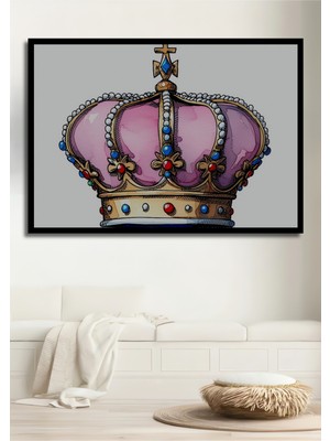 Çerçeve Görünümlü Pembe Kraliyet Tacı Sulu Boya Görünümlü Dekoratif Ahşap Ev/işyeri/ofis Kare Tablo