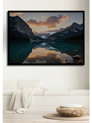 Çerçeve Görünümlü Dağların Aşkı Göl Manzarası Yağlı Boya Görünümlü Dekoratif Ahşap Ofis Kare Tablo