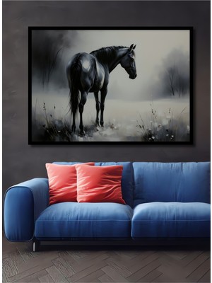 Çerçeve Görünümlü Asil Atın Hüzünlü Bakışı Yağlı Boya Görünümlü Ofis Dekoratif Ahşap Kare Tablo