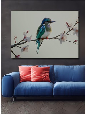 Bahar Dalları Üzerinde Turkuaz Kuş Sulu Boya Görünümlü Dekoratif Ahşap Ev/işyeri/ofis Kare Tablo