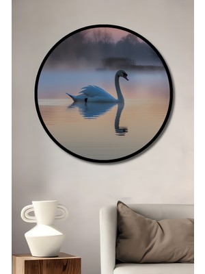 Çerçeve Görünümlü Pastel Tonlarda Kuğu Gölü Yağlı Boya Görünümlü Ahşap Ofis Yuvarlak Tablo