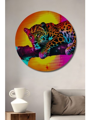 Neon Leopar Dinlenmesi Yağlı Boya Görünümlü Dekoratif Ahşap Ev/işyeri/ofis Yuvarlak Tablo