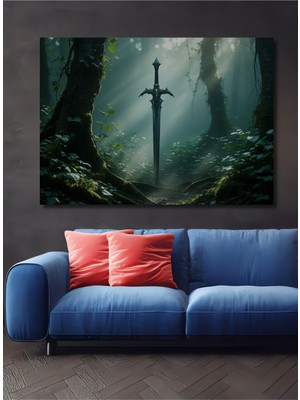 Ormanın Kalbinde Kılıç Yağlı Boya Görünümlü Ev/işyeri/ofis Dekoratif Ahşap Kare Tablo
