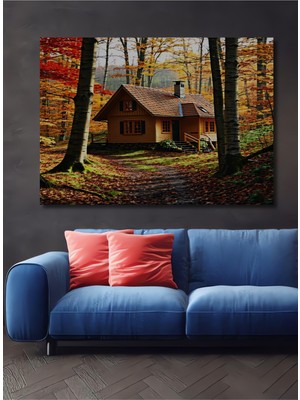 Sonbahar Ormanında Dekoratif Ahşap Ev Yağlı Boya Görünümlü Ev/işyeri/ofis Kare Tablo