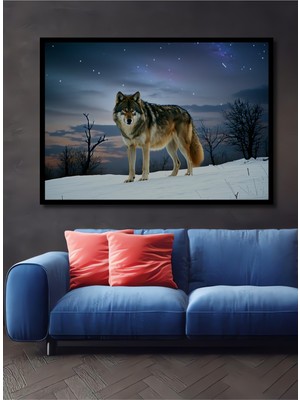 Çerçeve Görünümlü Kar Manzarası Kurt Yağlı Boya Görünümlü Dekoratif Ahşap Ev/işyeri/ofis Kare Tablo