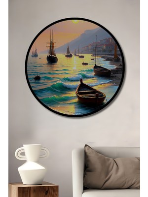 Çerçeve Görünümlü Altın Işıklar Altında Deniz Manzarası Yağlı Boya Görünümlü Ahşap Ofis Tablo