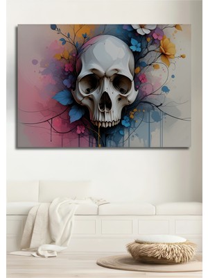 Çiçekli Kafatası Sulu Boya Görünümlü Dekoratif Ahşap Ev/işyeri/ofis Kare Tablo