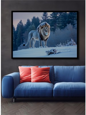 Çerçeve Görünümlü Karda Yürüyen Aslan Yağlı Boya Görünümlü Dekoratif Ahşap Işyeri/ofis Kare Tablo