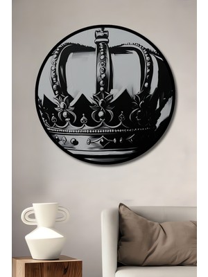 Çerçeve Görünümlü Siyah Beyaz Kraliyet Tacı Yağlı Boya Görünümlü Ahşap Ofis Yuvarlak Tablo
