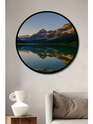 Çerçeve Görünümlü Dağ Gölünün Huzurlu Yansıması Yağlı Boya Görünümlü Ahşap Ofis Yuvarlak Tablo