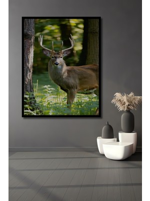 Çerçeve Görünümlü Orman Esintili Geyik Yağlı Boya Görünümlü Dekoratif Ahşap Işyeri/ofis Kare Tablo