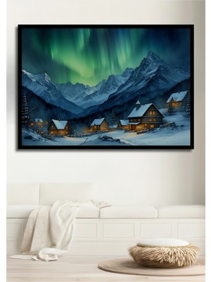 Çerçeve Görünümlü Kış Masalı Kuzey Işıkları Yağlı Boya Görünümlü Dekoratif Ahşap Ofis Kare Tablo