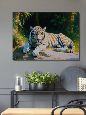 Beyaz Kaplan Orman Manzarası Yağlı Boya Görünümlü Dekoratif Ahşap Ev/işyeri/ofis Kare Tablo