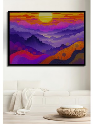 Çerçeve Görünümlü Mor Dağların Rüyası Yağlı Boya Görünümlü Dekoratif Ahşap Işyeri/ofis Kare Tablo