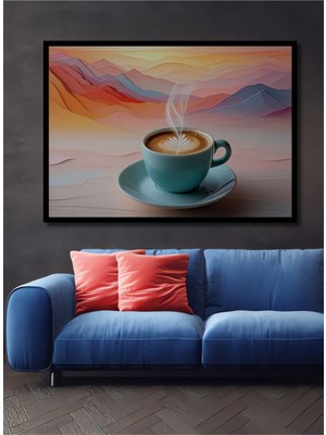 Çerçeve Görünümlü Pastel Tonlarda Kahve Keyfi Yağlı Boya Görünümlü Dekoratif Ahşap Ofis Kare Tablo