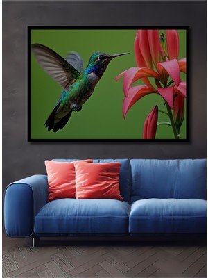 Çerçeve Görünümlü Sulu Boya Görünümlü Kolibri Kuşu ve Çiçek Ahengi Dekoratif Ahşap Ofis Kare Tablo