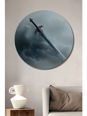 Sisler Içindeki Kılıç Yağlı Boya Görünümlü Dekoratif Ahşap Ev/işyeri/ofis Yuvarlak Tablo