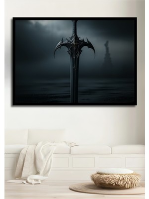 Çerçeve Görünümlü Karanlık Çağların Büyülü Kılıcı Yağlı Boya Görünümlü Ahşap Ofis Kare Tablo