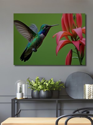 Sulu Boya Görünümlü Kolibri Kuşu ve Çiçek Ahengi Dekoratif Ahşap Ev/işyeri/ofis Kare Tablo