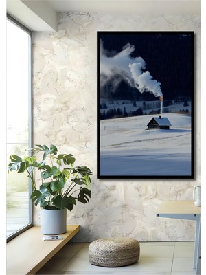 Çerçeve Görünümlü Kar Manzaralı Dekoratif Ahşap Ev ve Duman Ev/işyeri/ofis Kare Tablosu