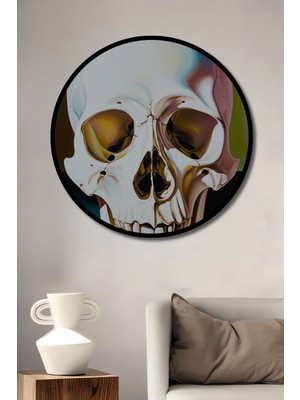 Çerçeve Görünümlü Modern Sanat Kafatası Yağlı Boya Görünümlü Dekoratif Ahşap Ofis Yuvarlak Tablo