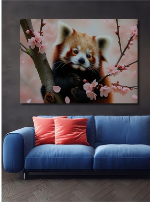 Kiraz Çiçekleri Arasında Kızıl Panda Yağlı Boya Görünümlü Dekoratif Ahşap Ev/işyeri/ofis Kare Tablo