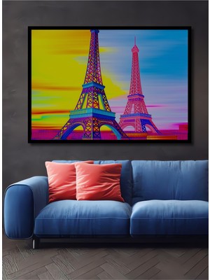 Çerçeve Görünümlü Renkli Paris Eyfel Kulesi Rüyası Yağlı Boya Görünümlü Ahşap Ofis Kare Tablo