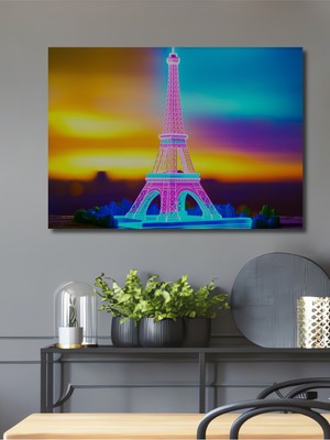 Neon Işıklar Altında Eyfel Kulesi Sanat Ev/işyeri/ofis Dekoratif Ahşap Kare Tablosu
