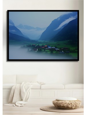 Çerçeve Görünümlü Sisli Dağ Köyü Yağlı Boya Görünümlü Dekoratif Ahşap Ev/işyeri/ofis Kare Tablo