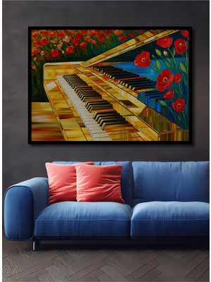 Çerçeve Görünümlü Altın Sarısı Piyano ve Gelincik Yağlı Boya Görünümlü Ahşap Ofis Kare Tablo