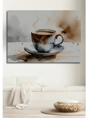 Dumanı Tüten Kahve Keyfi Sulu Boya Görünümlü Dekoratif Ahşap Ev/işyeri/ofis Kare Tablo