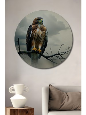 Yağlı Boya Görünümlü Dalda Oturan Kartal Ev/işyeri/ofis Dekoratif Ahşap Yuvarlak Tablosu