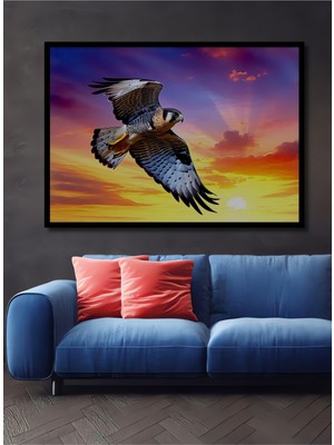 Çerçeve Görünümlü Gün Batımında Şahin Yağlı Boya Görünümlü Dekoratif Ahşap Işyeri/ofis Kare Tablo