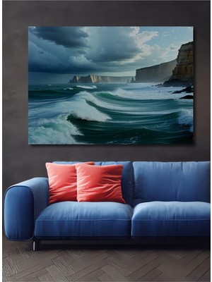 Fırtınalı Deniz Manzarası Yağlı Boya Görünümlü Ev/işyeri/ofis Dekoratif Ahşap Kare Tablo