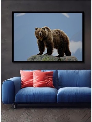 Çerçeve Görünümlü Heybetli Boz Ayı Yağlı Boya Görünümlü Dekoratif Ahşap Ev/işyeri/ofis Kare Tablo