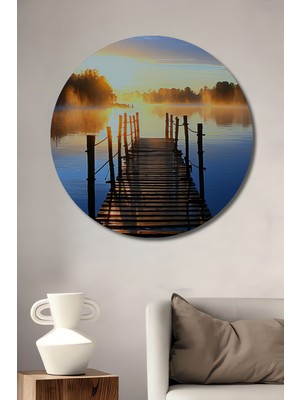 Güneşin Doğuşu Iskele Manzarası Yağlı Boya Görünümlü Dekoratif Ahşap Ev/işyeri/ofis Yuvarlak Tablo