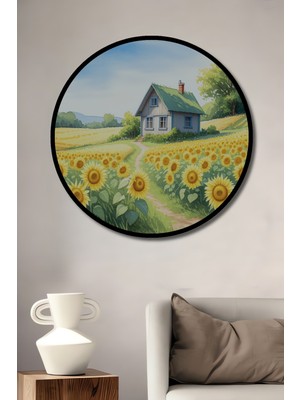 Çerçeve Görünümlü Sonsuz Ayçiçeği Tarlası Sulu Boya Görünümlü Dekoratif Ahşap Ofis Yuvarlak Tablo