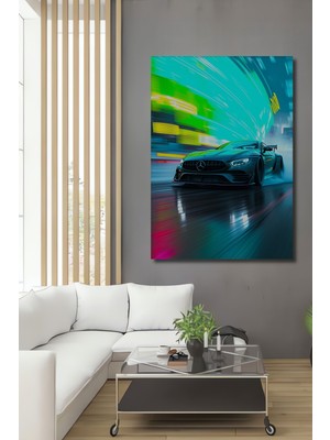 Neon Hız Tutkusu Modern Sanat Yağlı Boya Görünümlü Dekoratif Ahşap Ev/işyeri/ofis Kare Tablo