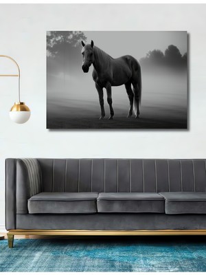 Asil Beyaz At Kara Kalem Görünümlü Dekoratif Ahşap Ev/işyeri/ofis Kare Tablo