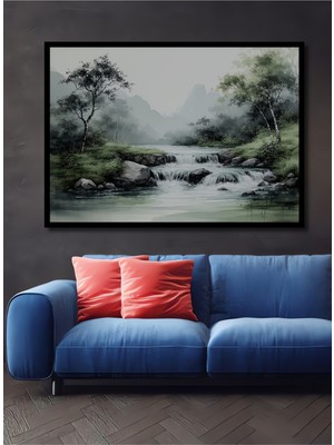 Çerçeve Görünümlü Sakin Nehir Sulu Boya Görünümlü Dekoratif Ahşap Dekoratif Işyeri/ofis Kare Tablo