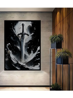 Çerçeve Görünümlü Epik Kılıç Yağlı Boya Görünümlü Dekoratif Ahşap Ev/işyeri/ofis Kare Tablo