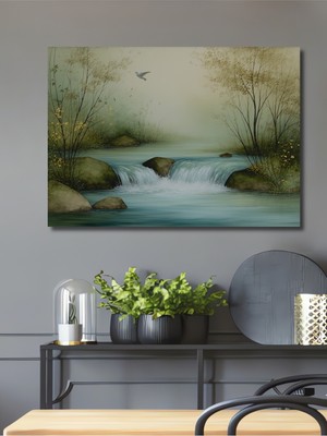 Huzurlu Şelale Kuş Manzarası Sulu Boya Görünümlü Dekoratif Ahşap Dekoratif Ev/işyeri/ofis Tablo