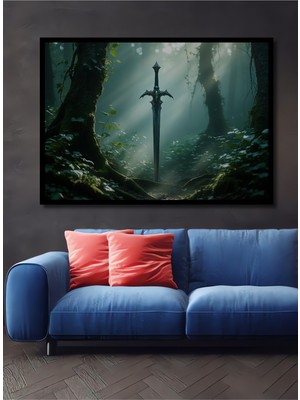 Çerçeve Görünümlü Ormanın Kalbinde Kılıç Yağlı Boya Görünümlü Ofis Dekoratif Ahşap Kare Tablo