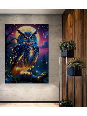 Ay Işığı Altında Parlayan Baykuş Yağlı Boya Görünümlü Dekoratif Ahşap Ev/işyeri/ofis Kare Tablo