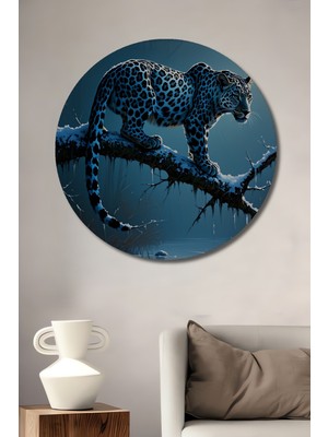 Buzul Çağı Leoparı Yağlı Boya Görünümlü Dekoratif Ahşap Ev/işyeri/ofis Yuvarlak Tablo
