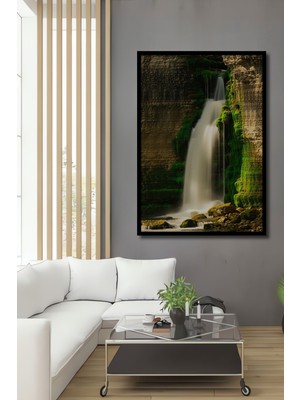 Çerçeve Görünümlü Doğal Şelale Manzarası Yağlı Boya Görünümlü Dekoratif Ahşap Ofis Kare Tablo