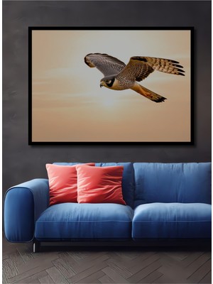 Çerçeve Görünümlü Yağlı Boya Görünümlü Gökyüzünde Süzülen Şahin Dekoratif Ahşap Ofis Kare Tablo