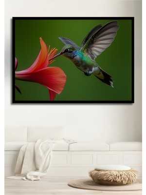 Çerçeve Görünümlü Sulu Boya Görünümlü Kolibri Kuşu ve Çiçek Aşkı Dekoratif Ahşap Ofis Kare Tablo