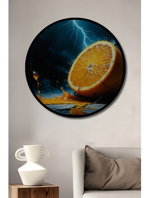 Çerçeve Görünümlü Şimşekli Gökyüzünde Portakal Yağlı Boya Görünümlü Ahşap Ofis Yuvarlak Tablo