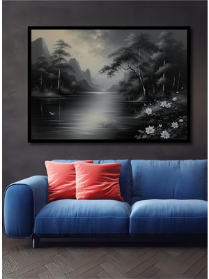 Çerçeve Görünümlü Siyah Beyaz Göl Manzarası Yağlı Boya Görünümlü Ahşap Ofis Kare Tablo